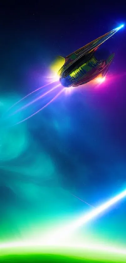 Futuristic spaceship navigating through a colorful galaxy scene.