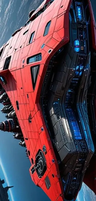 A vibrant red spaceship orbiting Earth in a futuristic sci-fi scene.