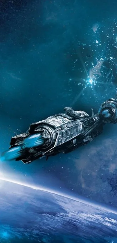 Futuristic spaceship glides through starry blue cosmos.