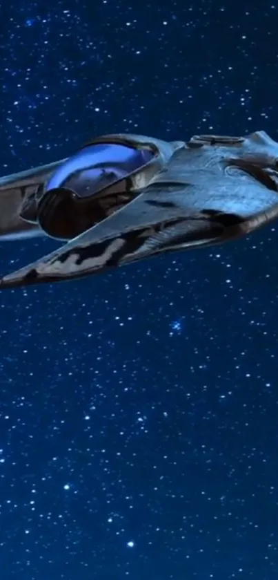 Futuristic spaceship gliding through starry space.