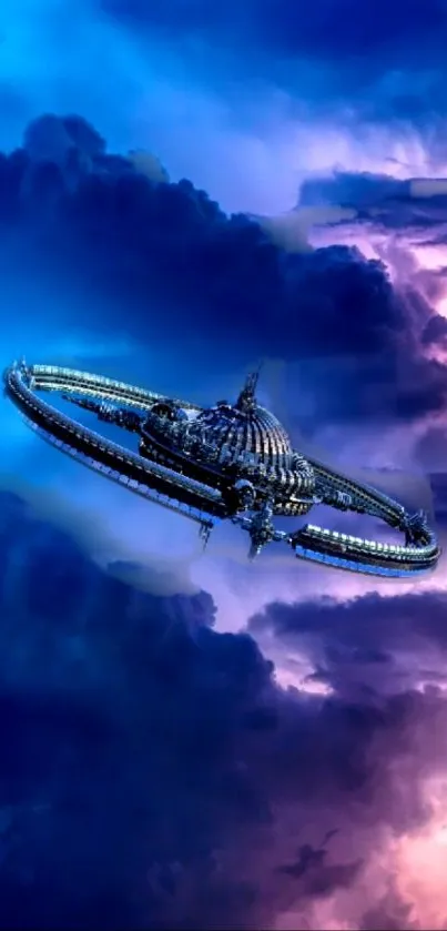 Futuristic spaceship flying in a stormy cloud-filled sky with blue and purple hues.