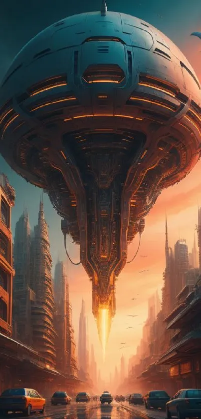 Futuristic alien spaceship over cityscape at sunset.