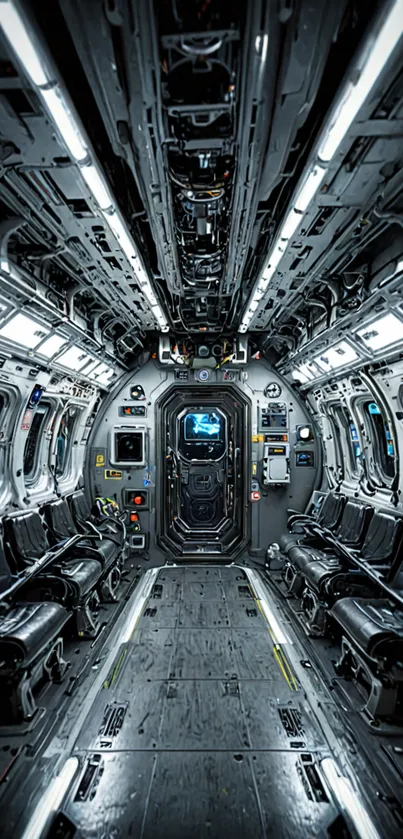 Futuristic spaceship interior with sleek design and sci-fi elements.