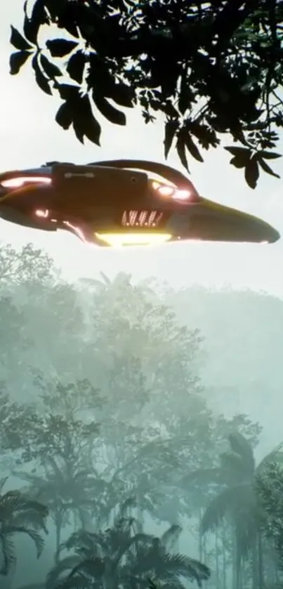 Sleek spaceship hovering over a misty jungle backdrop.