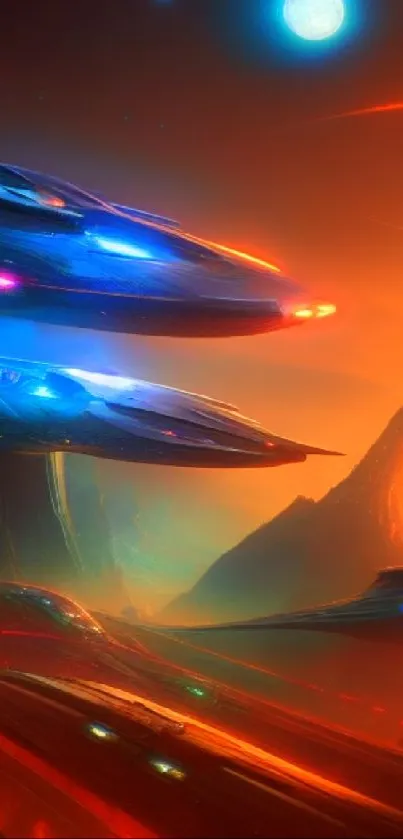 Futuristic spaceships soar above a vibrant alien landscape with a glowing orange sky.