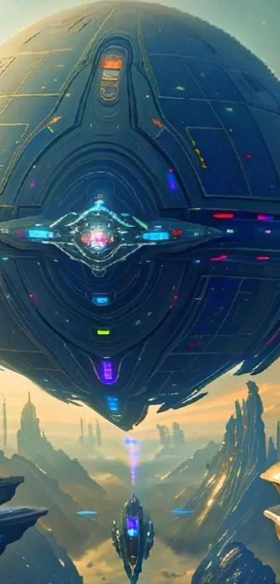 Futuristic spaceship hovering in a cosmic landscape scene.