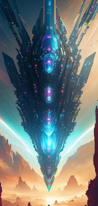 Futuristic spaceship in cosmic landscape art.