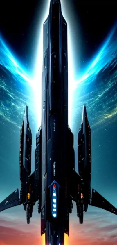 Futuristic spaceship launching into a cosmic sky, ideal for sci-fi fans.