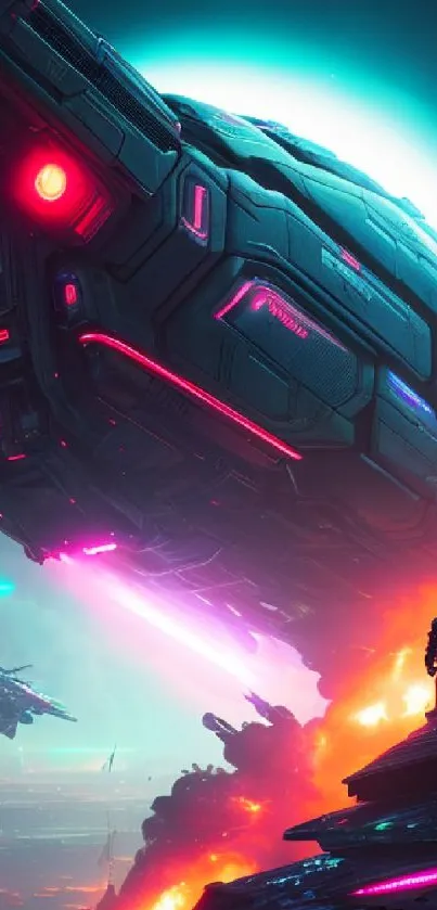 Epic futuristic spaceship wallpaper with vibrant neon colors.