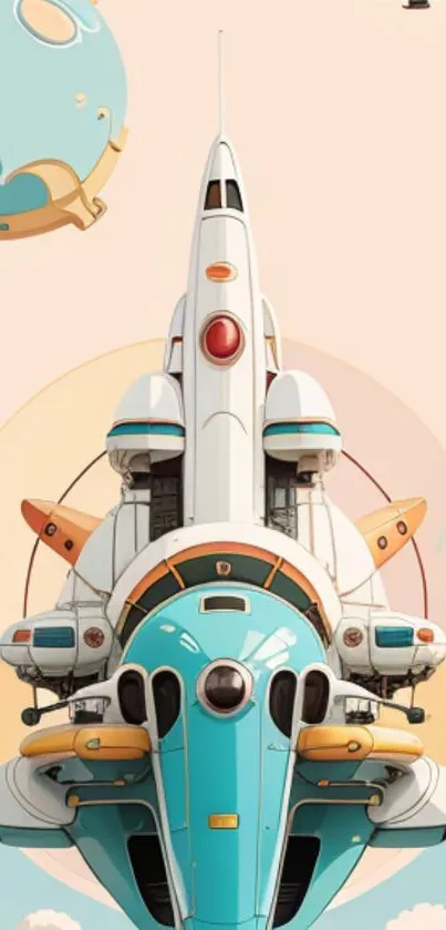 Futuristic spaceship against pastel sky.
