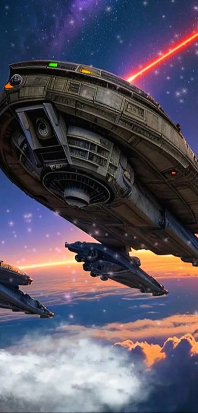 Futuristic spaceship flying in space with stars and a vibrant horizon.