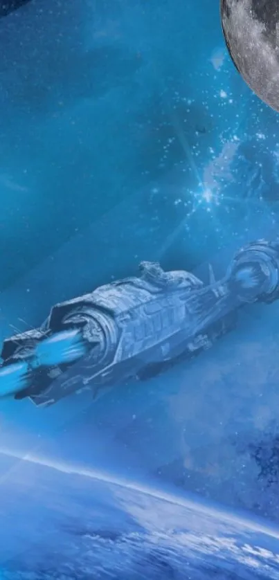 Futuristic spaceship flies through a blue cosmic backdrop.