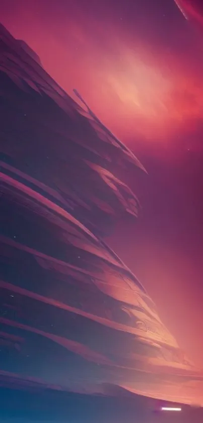 Futuristic spaceship under a vibrant magenta sky, perfect for sci-fi enthusiasts.