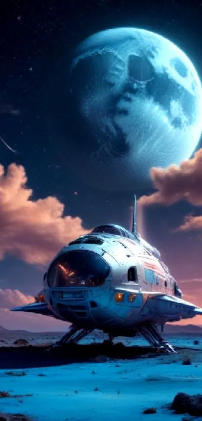 Futuristic spaceship under a bright moon in a starry night sky landscape.