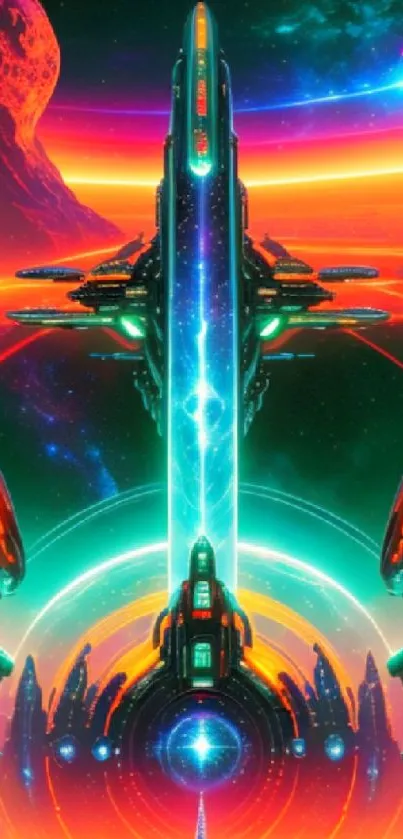 Futuristic neon spaceship in space wallpaper.