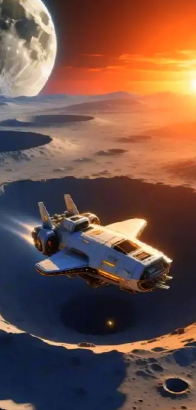 Futuristic spaceship flying over an alien lunar landscape at sunrise.