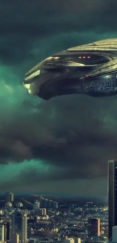 Futuristic spaceship hovering over city skyline with stormy clouds.