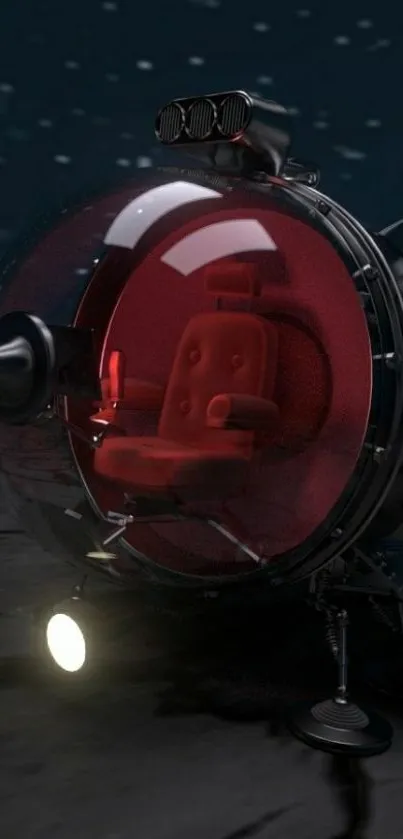 Futuristic spaceship with red chair inside cockpit.