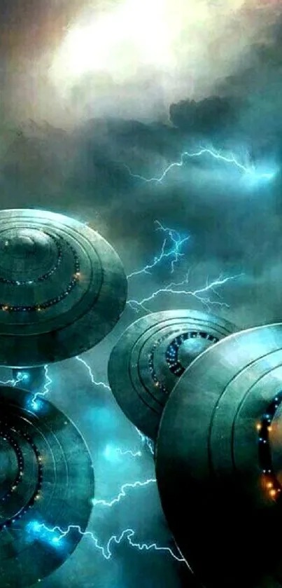 Futuristic spaceship wallpaper with electric storm and alien crafts.