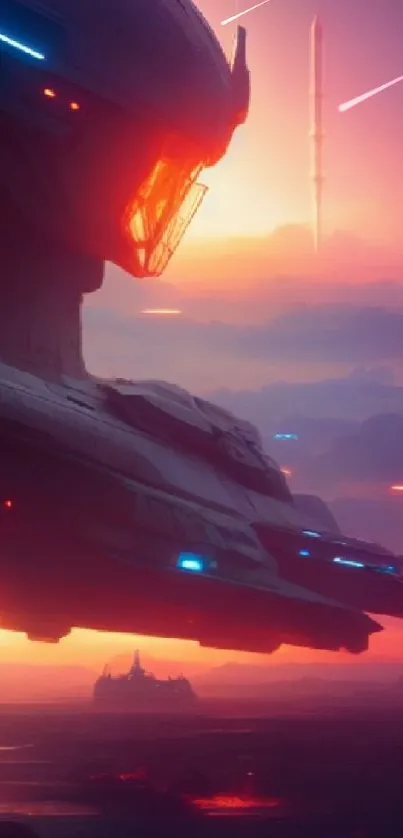 Futuristic spaceship against a sunset on a mysterious alien landscape.