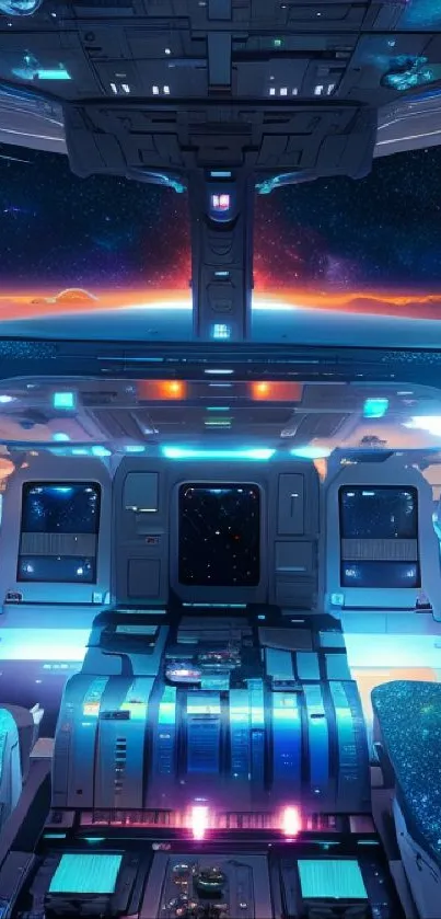 Futuristic spaceship cockpit overlooking a vibrant galaxy with stars.