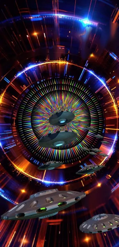 Futuristic spaceships spiral through a colorful vortex in this sci-fi mobile wallpaper.