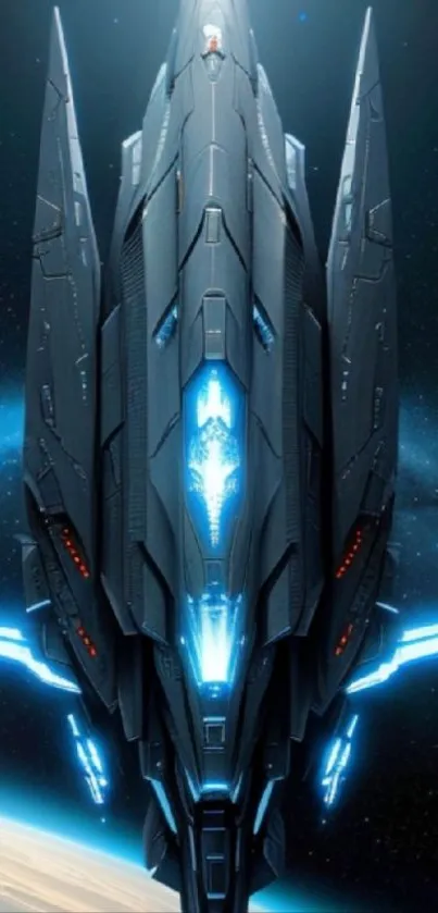 Dark futuristic spaceship soaring through space, showcasing intricate design.