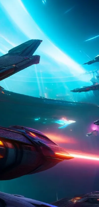 Futuristic spaceship soaring through a vibrant galaxy in sci-fi theme.