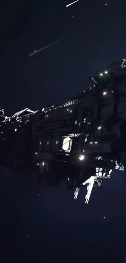 Futuristic spaceship hovering in dark space with glowing details.