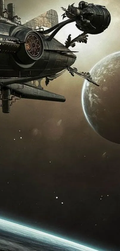 Futuristic spaceship flying near distant planets in space.