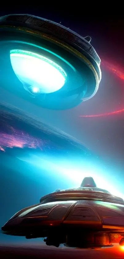 Futuristic spaceship in vibrant cosmic space scene.