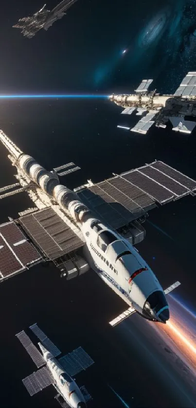 Futuristic spaceships in space with a galaxy backdrop and solar panels.