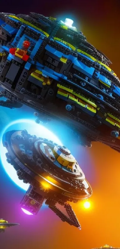 Futuristic LEGO spaceships in vibrant colors soar through a cosmic scene.