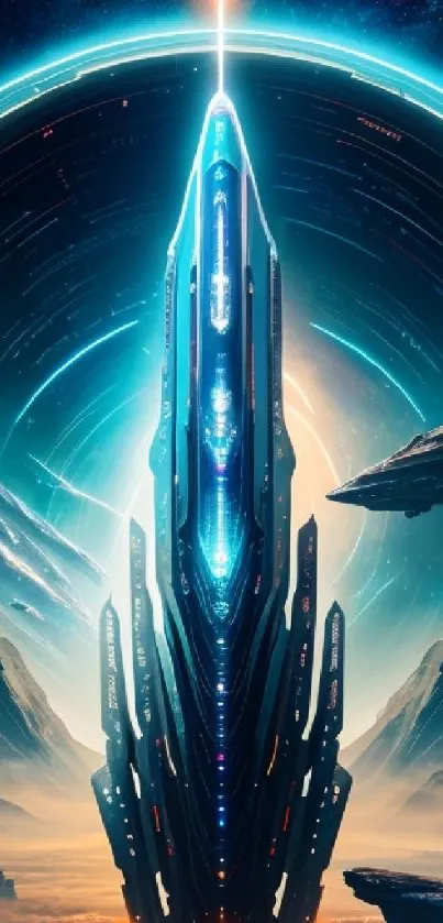 Futuristic spaceship with neon blue glow in an outer space setting.