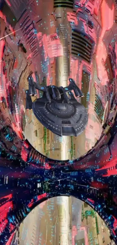 Spaceship traveling through a vibrant warp tunnel.