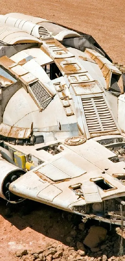 Futuristic spaceship wreck on a desert landscape, perfect for sci-fi enthusiasts.