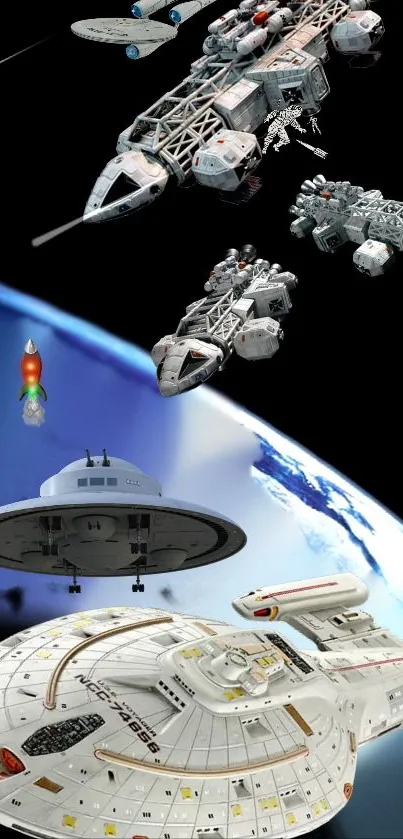 Interstellar spaceships soar in space above Earth.