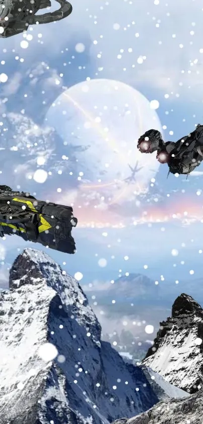 Spaceships flying over snowy mountains with a sci-fi theme.