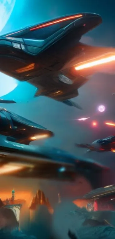 Futuristic spaceships flying in cosmic battle scene.