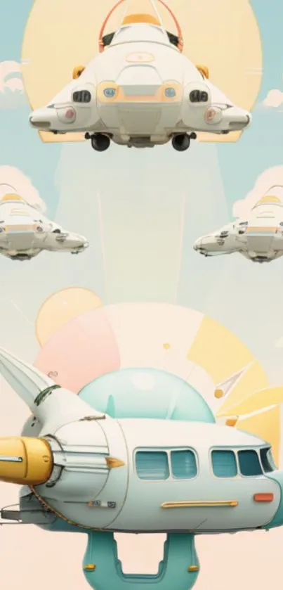 Futuristic spaceships float in a pastel sky, creating a whimsical scene.