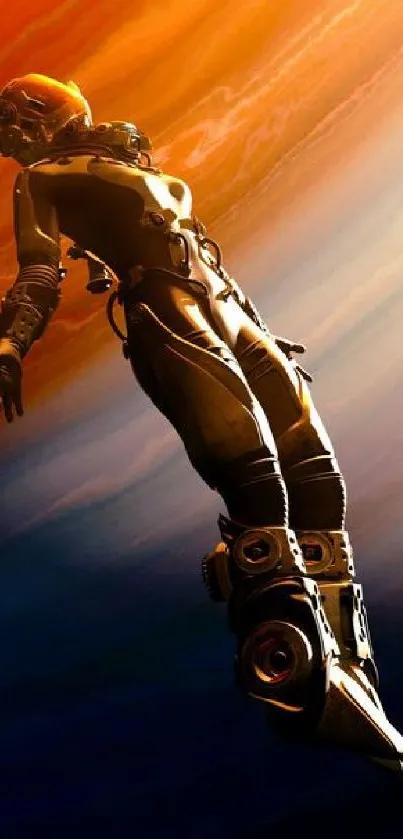 Futuristic space suit against an orange cosmic background.