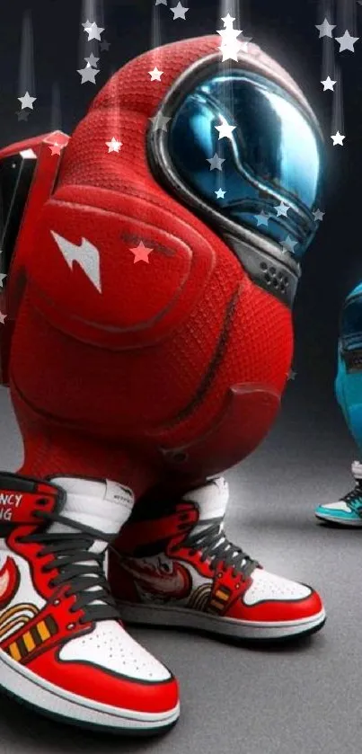 Vibrant futuristic spacesuit with sneakers and stars in red design.