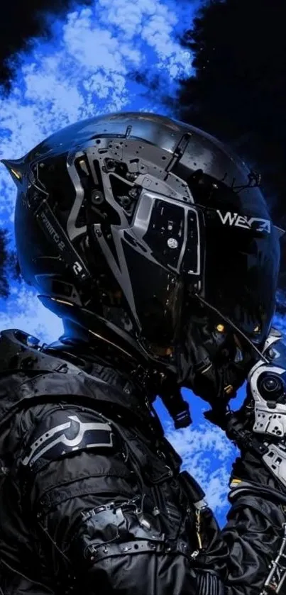 Futuristic helmet with blue flames background.