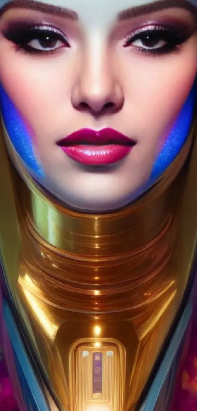 Futuristic spacewoman portrait with vibrant colors and gold accents.