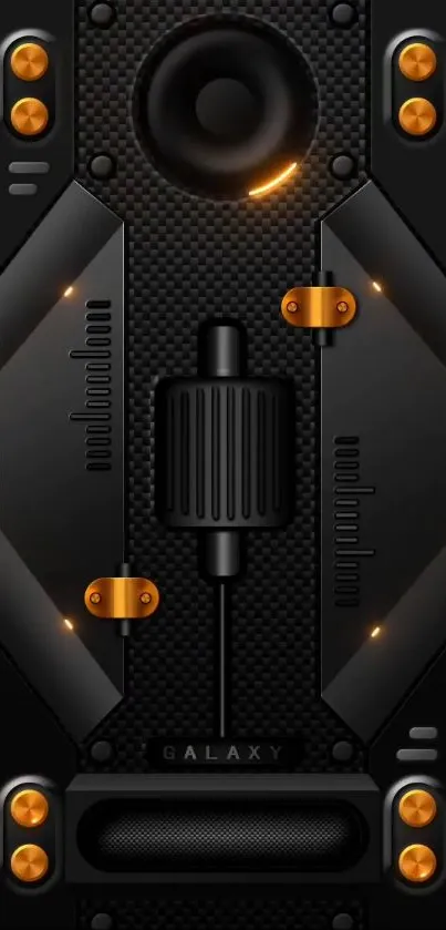 Futuristic phone wallpaper with black metallic speaker design and orange accents.