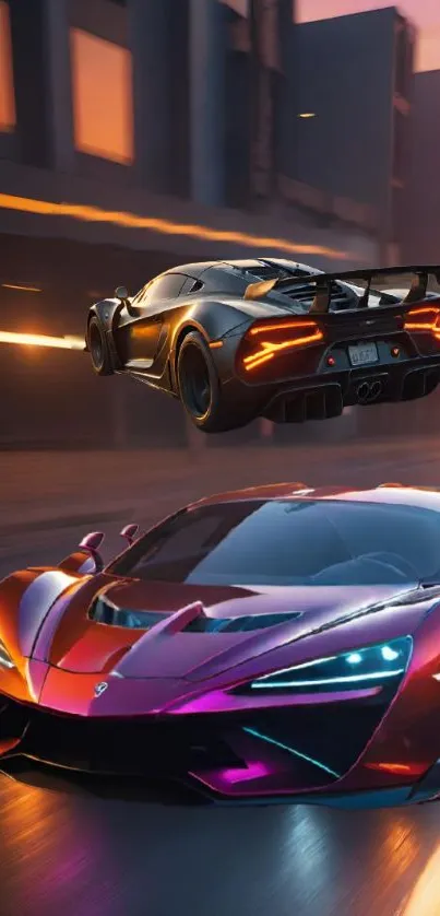 Futuristic sports cars racing in a vibrant urban nightscape.