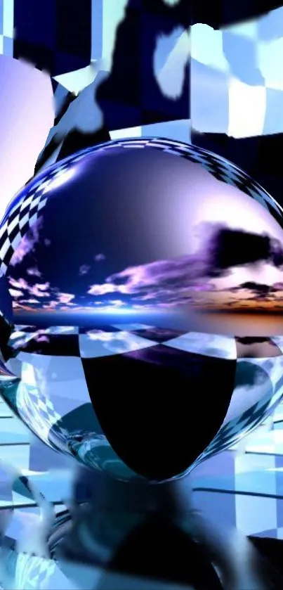 Futuristic abstract wallpaper with reflective sphere and blue hues.