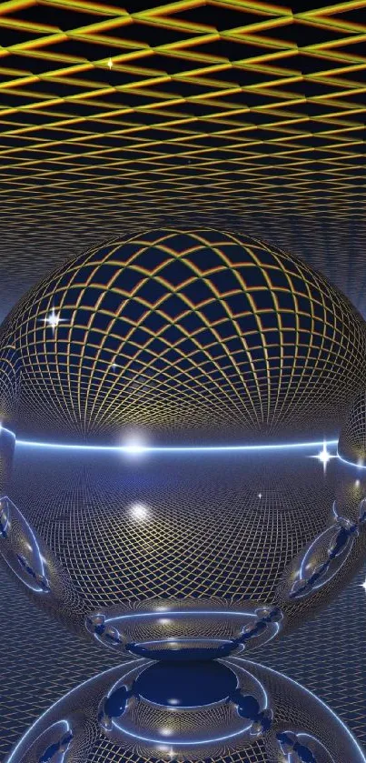 Futuristic spherical digital art with blue and gold grid patterns for phone wallpaper.