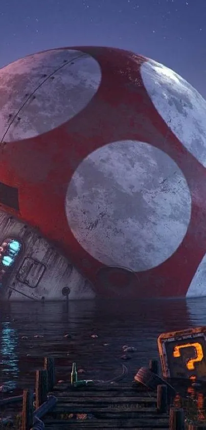 Futuristic scene with giant sphere on water.