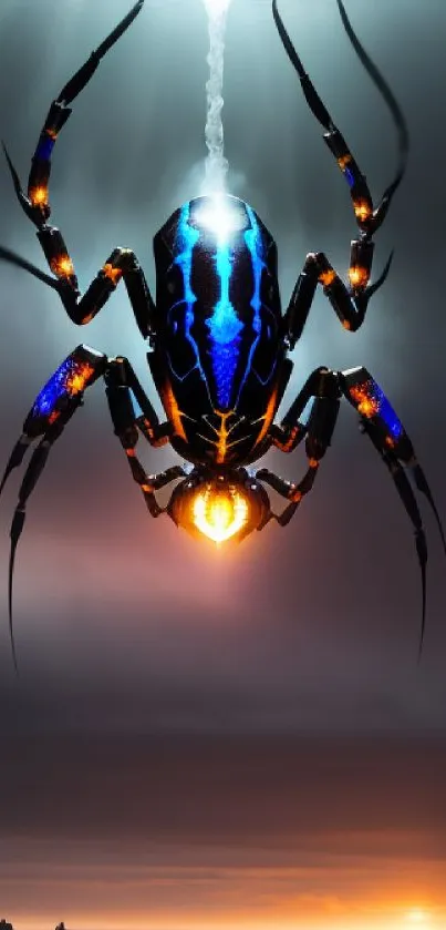 Futuristic spider with neon lights on a sunset backdrop.